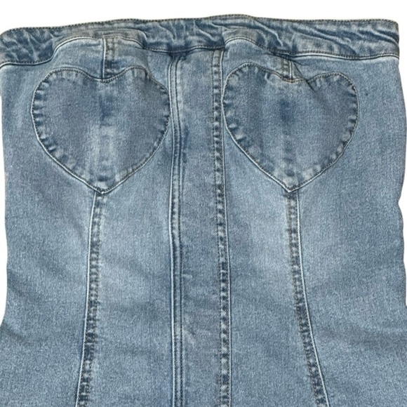 Forever 21 Blue Denim Strapless Mini Dress Hearts Stretchy Jeans Concert Size S - Picture 3 of 5